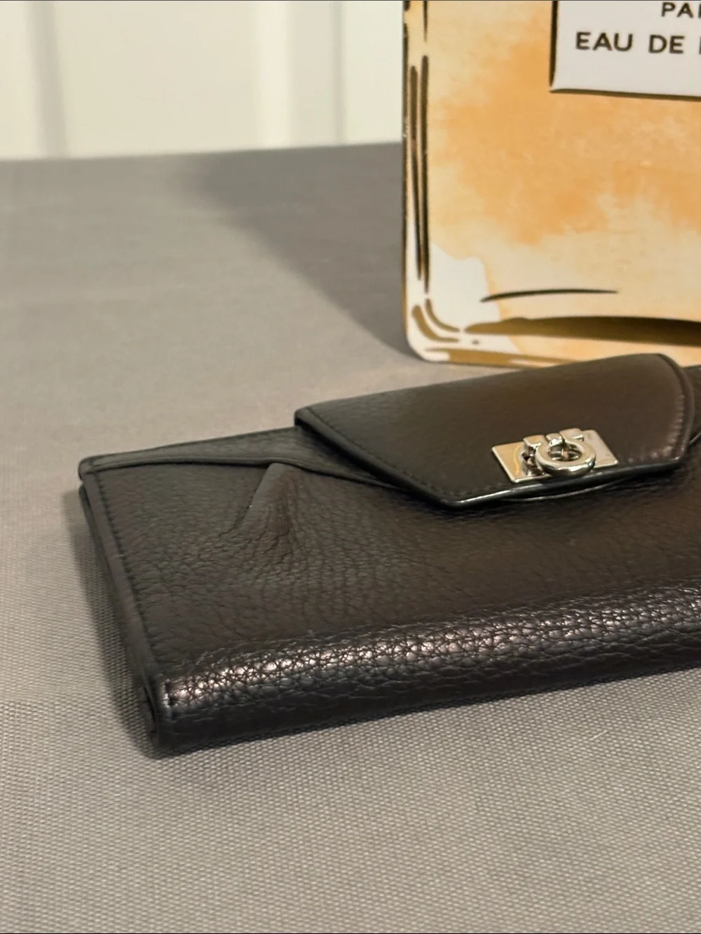 Salvatore Ferragamo Black Leather Continental Wallet with Silver Tone Hardware